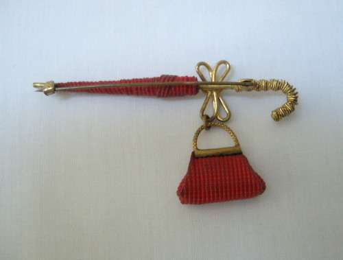 VINTAGE UMBRELLA & HANDBAG COSTUME JEWELLERY BROOCH c1960's