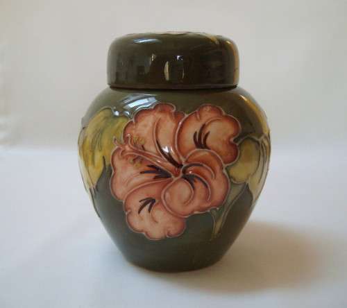 VINTAGE WALTER MOORCROFT CORAL HIBISCUS GINGER JAR & COVER