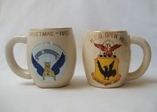 TWO VINTAGE KOREAN WAR SAAF FLYING CHEETAHS & USAF 18th FIGHTER-BOMBER WING BEER MUGS c1952