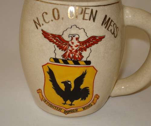TWO VINTAGE KOREAN WAR SAAF FLYING CHEETAHS & USAF 18th FIGHTER-BOMBER WING BEER MUGS c1952