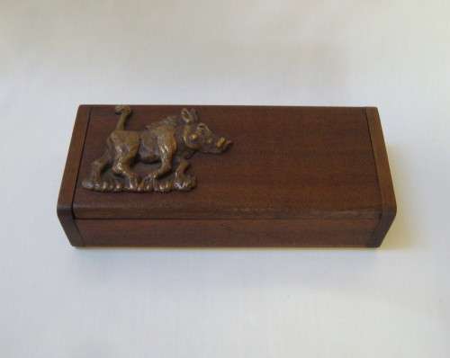 VINTAGE MERANTI & BRASS WARTHOG RECTANGULAR BOX