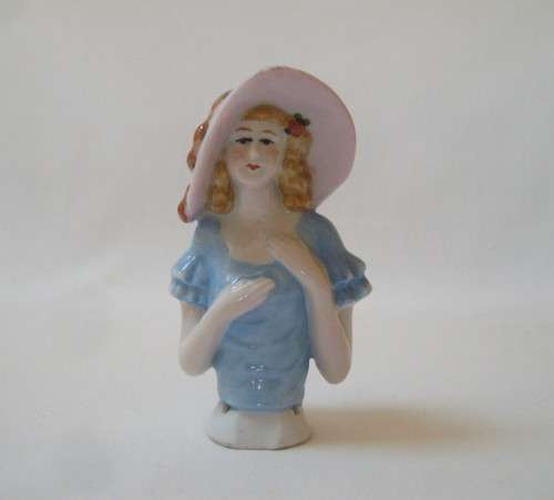 VINTAGE FOREIGN PORCELAIN HALF-DOLL FOR PINCUSHION ~ Chipped!