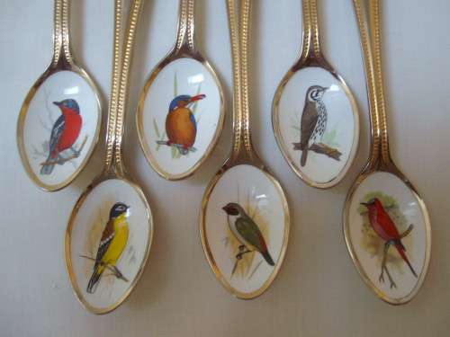 SET OF TWELVE VINTAGE GOLD-PLATED STAINLESS STEEL & ENAMEL TEASPOONS OF SOUTH AFRICAN BIRDS