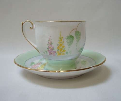 VINTAGE SHORE & COGGINS BELL CHINA PATTERN 4480 DEMITASSE COFFEE DUO c1940s ~ Cup Stained!