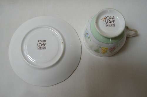 VINTAGE SHORE & COGGINS BELL CHINA PATTERN 4480 DEMITASSE COFFEE DUO c1940s ~ Cup Stained!