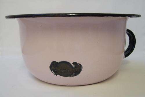 VINTAGE PINK ENAMEL WITH BLACK TRIM CHAMBER POT