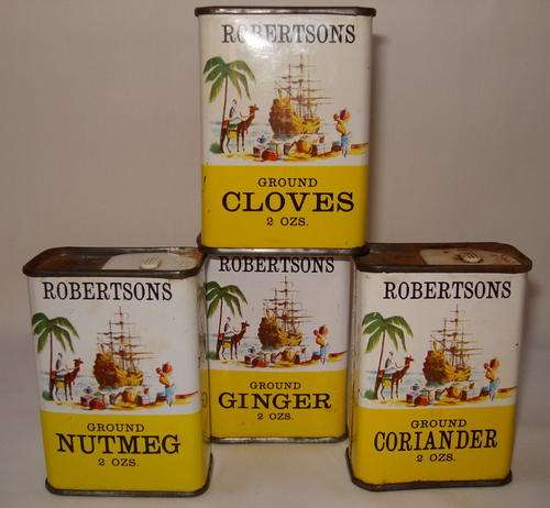 FOUR VINTAGE ROBERTSONS SPICE TINS c1950's