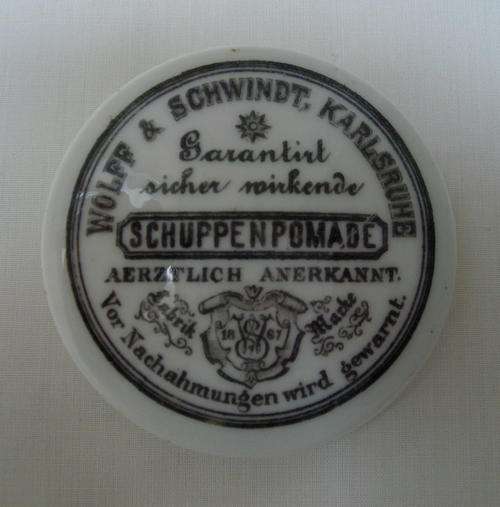 ANTIQUE WOLFF & SCHWINDT, KARLSRUHE SCHUPPEN POMADE POT LID c1867