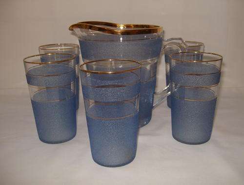 RETRO 'BLUE CONCRETE' GLASS JUG & FIVE GLASSES c1950's