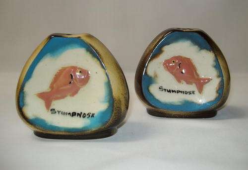 VINTAGE FLORA ANN WARE 'STUMPNOSE FISH'  SALT & PEPPER SET c1950's
