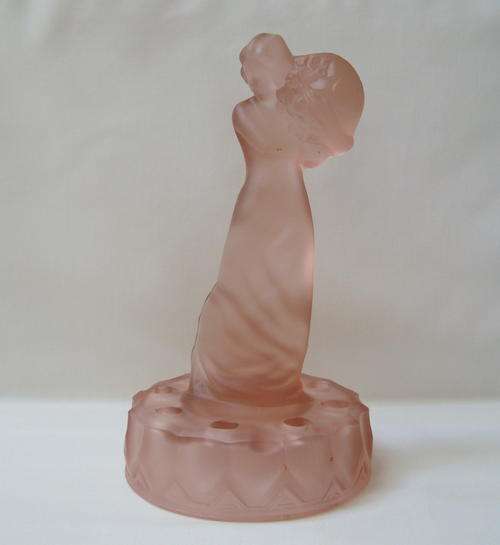 ART DECO BOHEMIAN PINK FROSTED GLASS LADY FLOWER FROG c1930's