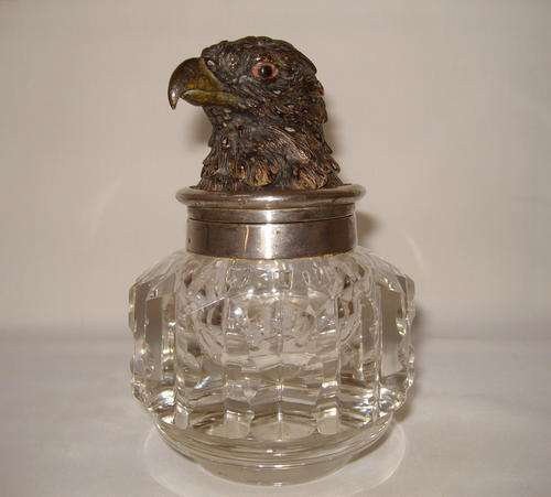 ANTIQUE AUSTRIAN CUT-CRYSTAL & COLD-PAINTED BRONZE EAGLE INKWELL c1900