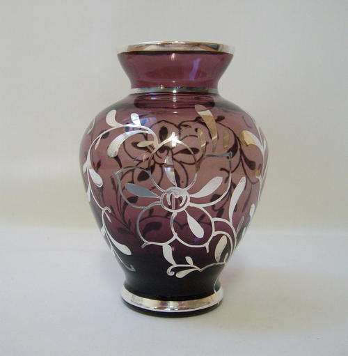 VINTAGE VENETIAN AMETHYST GLASS SILVER OVERLAY VASE
