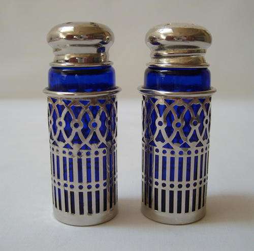 VINTAGE SILVER PLATED & BLUE GLASS SALT & PEPPER SET