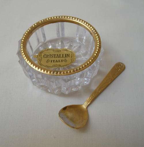 VINTAGE CRISTALLIN ITALIAN CRYSTAL MUSTARD POT & SPOON