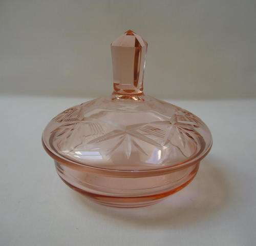 VINTAGE PINK CUT GLASS TRINKET BOWL & LID