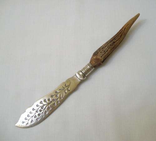 VINTAGE NICKEL SILVER & ELK-STAG ANTLER FISH KNIFE