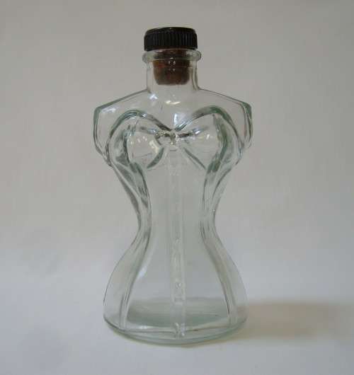 VINTAGE LUTEX AQUA GLASS CORSETED FEMALE TORSO-SHAPED BATH OIL BOTTLE