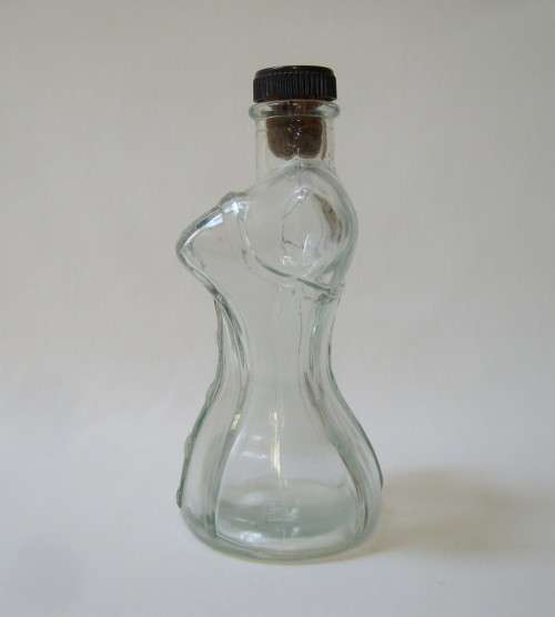 VINTAGE LUTEX AQUA GLASS CORSETED FEMALE TORSO-SHAPED BATH OIL BOTTLE