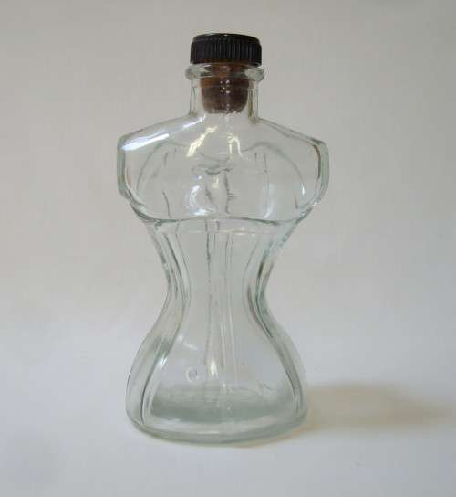 VINTAGE LUTEX AQUA GLASS CORSETED FEMALE TORSO-SHAPED BATH OIL BOTTLE