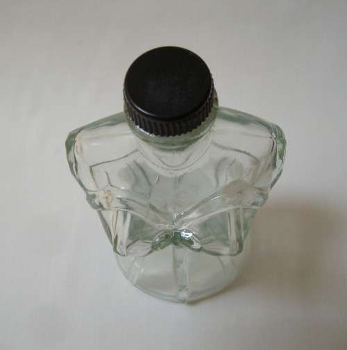 VINTAGE LUTEX AQUA GLASS CORSETED FEMALE TORSO-SHAPED BATH OIL BOTTLE