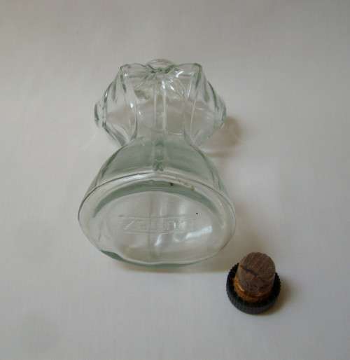 VINTAGE LUTEX AQUA GLASS CORSETED FEMALE TORSO-SHAPED BATH OIL BOTTLE