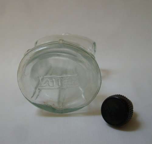 VINTAGE LUTEX AQUA GLASS CORSETED FEMALE TORSO-SHAPED BATH OIL BOTTLE
