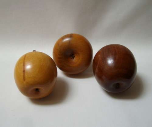 SELECTION of HANDMADE WOODEN FRUIT on GLASS PLATE by SANDY DICKIE