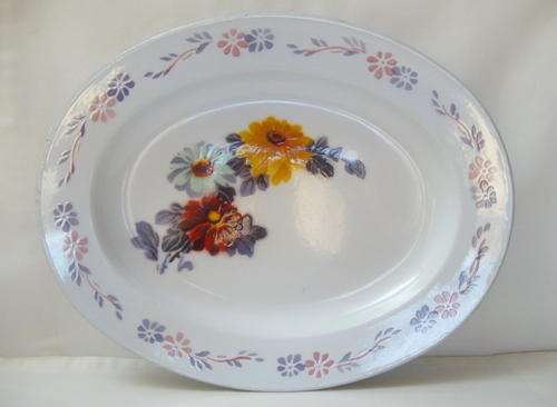 VINTAGE WHITE ENAMEL WITH FLORAL DECORATION MEAT PLATTER