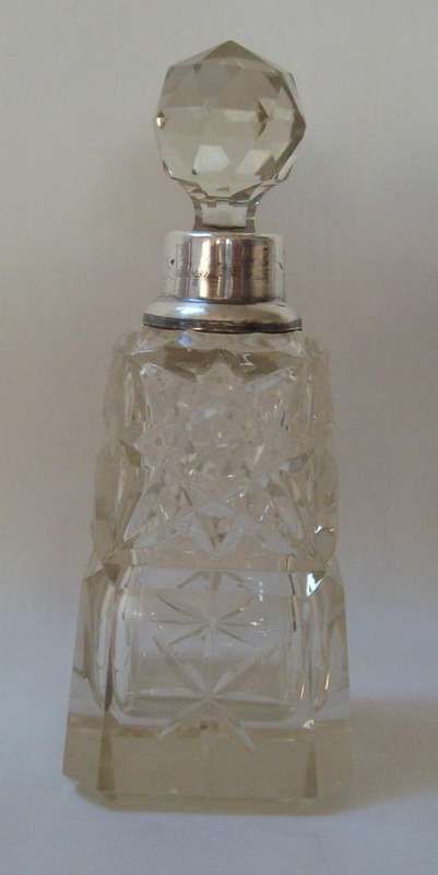 CUT CRYSTAL PERFUME BOTTLE WITH STERLING SILVER COLLAR c1925