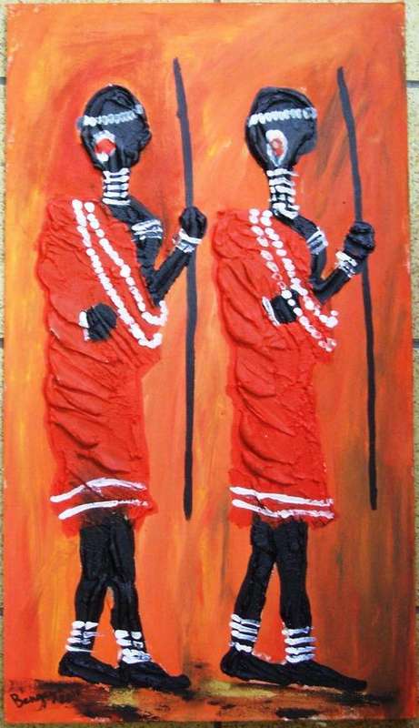 free postage : framed - ORIGINAL PAINTING BY RONNIE BENGEZA (2 MEN IN RED)