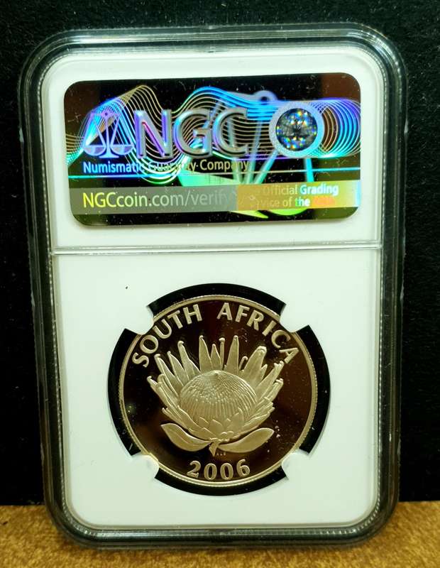 NGC GRADED PROOF SILVER 2006 DESMOND TUTU ONE RAND COIN .