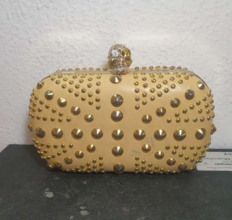ALEXANDER MCQUEEN Calfskin Studded Britannia Skull Box Clutch Taupe Designer handbag.