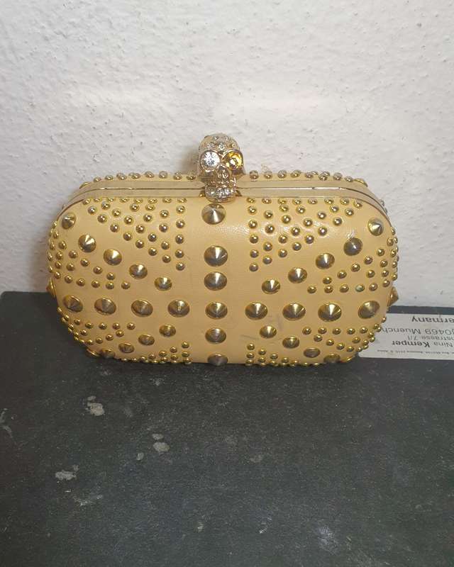 ALEXANDER MCQUEEN Calfskin Studded Britannia Skull Box Clutch Taupe Designer handbag.