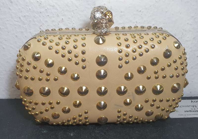 ALEXANDER MCQUEEN Calfskin Studded Britannia Skull Box Clutch Taupe Designer handbag.