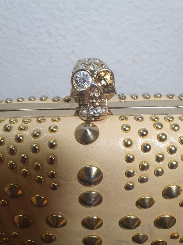 ALEXANDER MCQUEEN Calfskin Studded Britannia Skull Box Clutch Taupe Designer handbag.