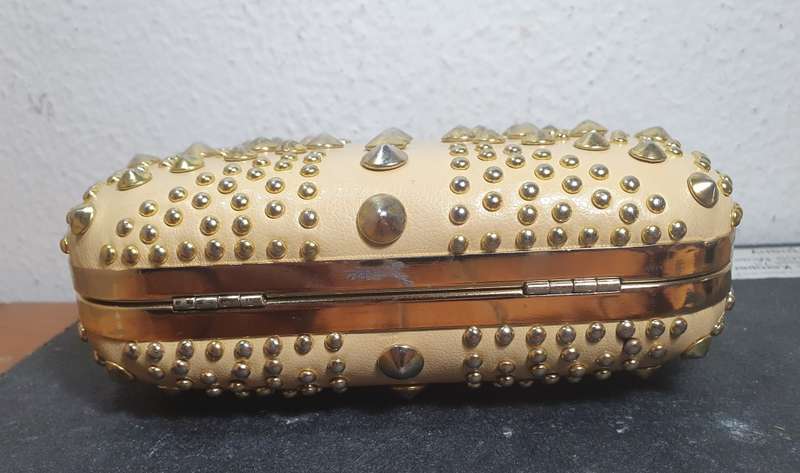 ALEXANDER MCQUEEN Calfskin Studded Britannia Skull Box Clutch Taupe Designer handbag.