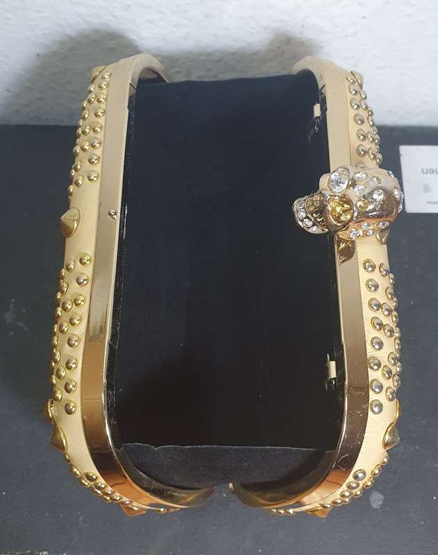 ALEXANDER MCQUEEN Calfskin Studded Britannia Skull Box Clutch Taupe Designer handbag.