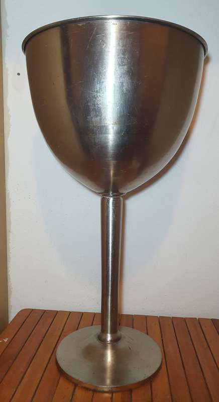 VERY LARGE ALUMINIUM WINE GOBLET SHAPED INDOOR & OUTDOOR WINE COOLER / ICE BUCKET ON STAND.