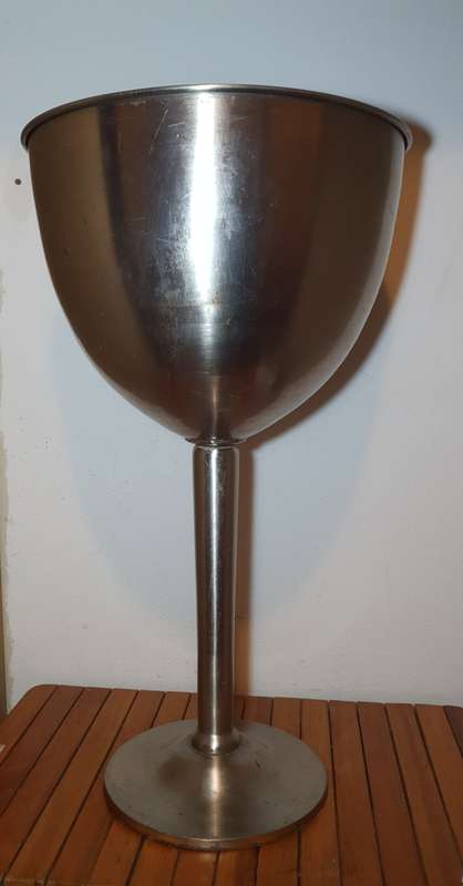 VERY LARGE ALUMINIUM WINE GOBLET SHAPED INDOOR & OUTDOOR WINE COOLER / ICE BUCKET ON STAND.