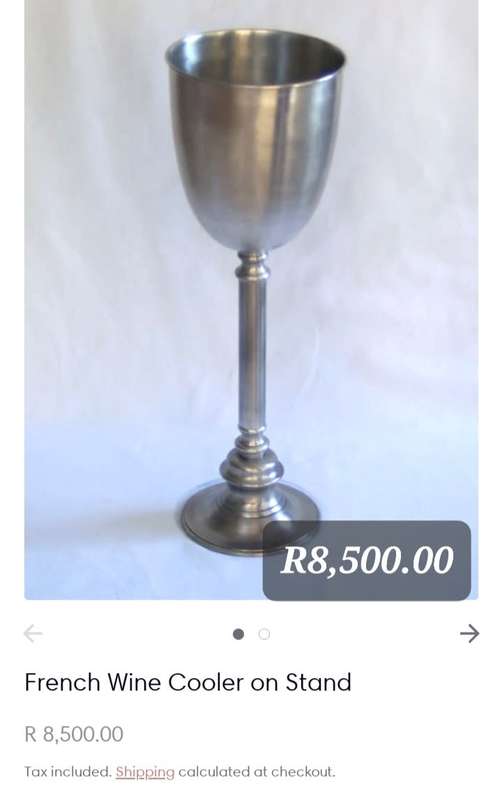 VERY LARGE ALUMINIUM WINE GOBLET SHAPED INDOOR & OUTDOOR WINE COOLER / ICE BUCKET ON STAND.