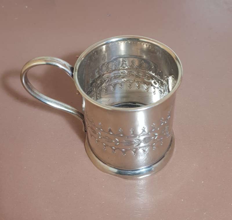 RARE ANTIQUE 1897 BIRMINGHAM HALLMARKED EPNS CHRISTENING MUG MADE BY THOMAS LATHAM & ERNEST MORTON.