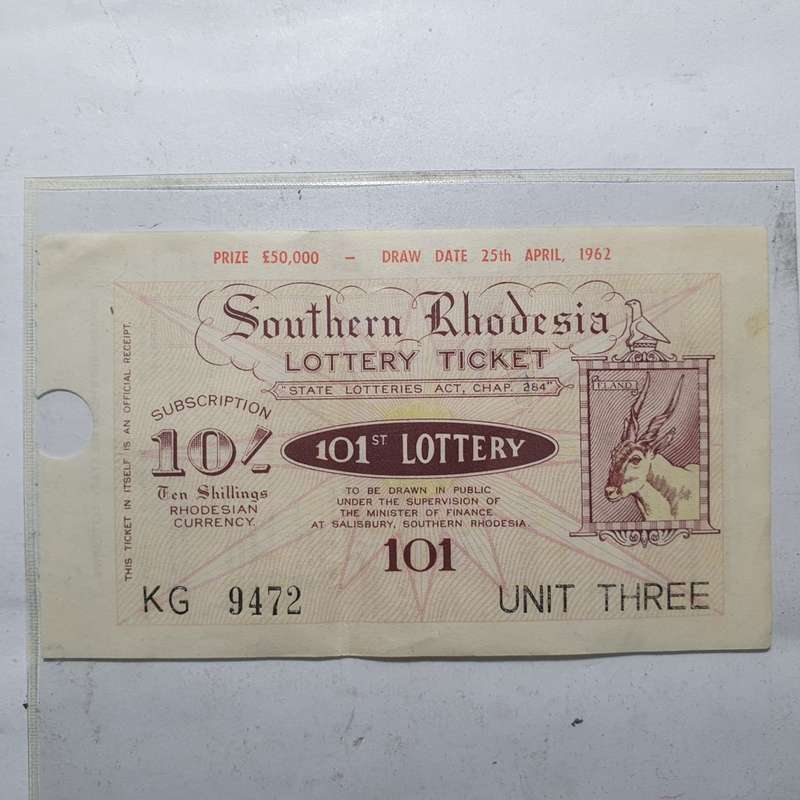 Ultra Rare - 1962 Southern Rhodesia  101st Govt. State Lottery Ticket with Purchase Receipt.