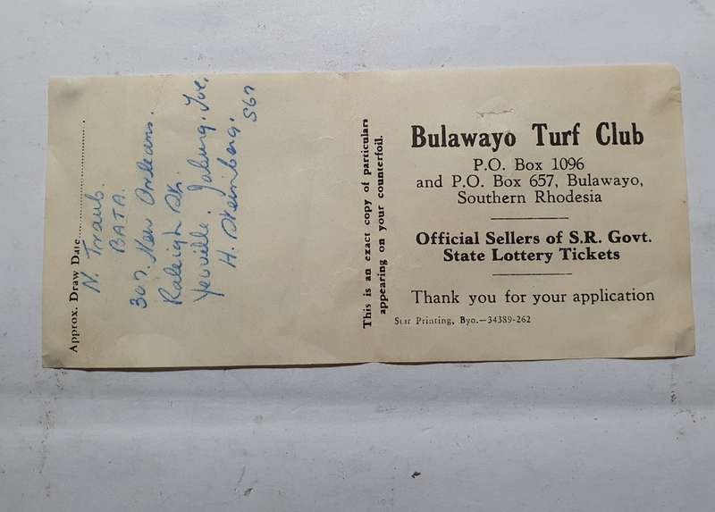 Ultra Rare - 1962 Southern Rhodesia  101st Govt. State Lottery Ticket with Purchase Receipt.
