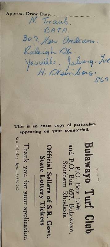 Ultra Rare - 1962 Southern Rhodesia  101st Govt. State Lottery Ticket with Purchase Receipt.