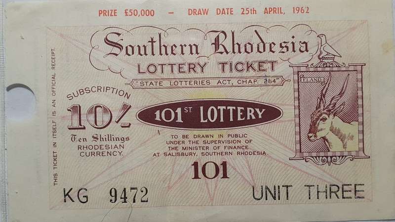 Ultra Rare - 1962 Southern Rhodesia  101st Govt. State Lottery Ticket with Purchase Receipt.