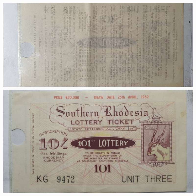 Ultra Rare - 1962 Southern Rhodesia  101st Govt. State Lottery Ticket with Purchase Receipt.