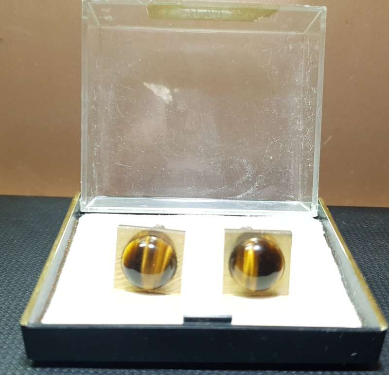 Pair of brand new high quality South African 22k Gold Clad Tigers Eye Cufflink set in Box.