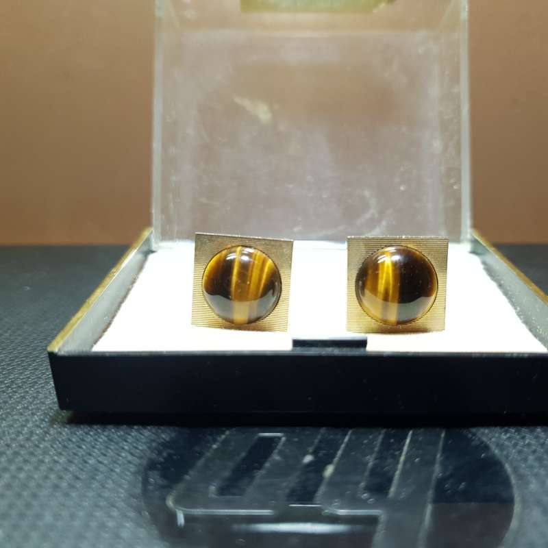 Pair of brand new high quality South African 22k Gold Clad Tigers Eye Cufflink set in Box.