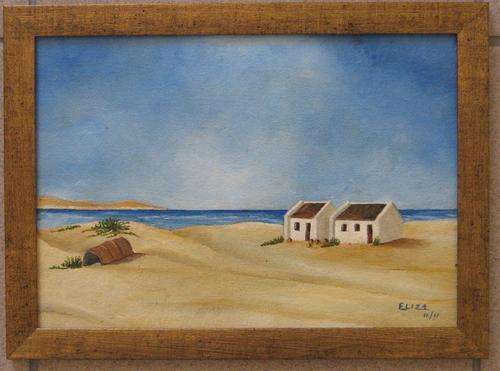 Beach Cottage with Drum Framed 33cm x 24cm by Eliza